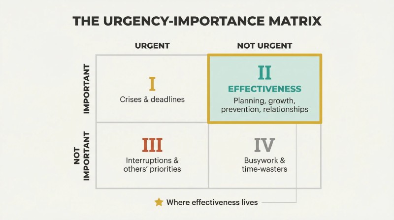 Two-by-two grid mapping urgency against importance, with the important-but-not-urgent quadrant highlighted as where effectiveness truly lives.