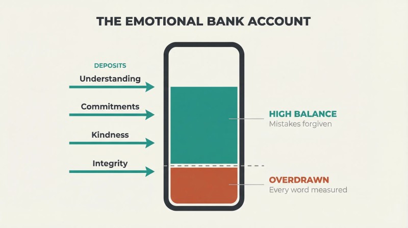 Vertical trust gauge filled high with teal from four deposit types — understanding, commitments, kindness, integrity — contrasted against a terracotta overdrawn danger zone below the zero line.