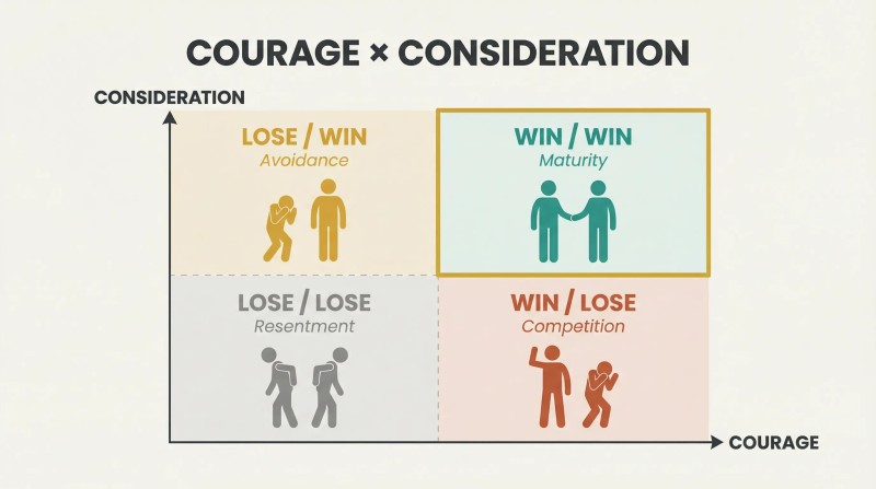 Two-by-two matrix plotting courage against consideration, showing Win/Win as the only quadrant requiring both dimensions fully, while competition and avoidance each lack one.