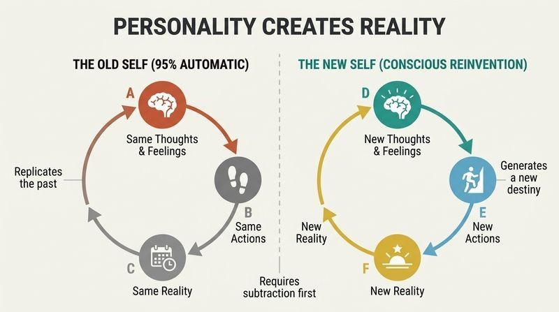 A split-panel diagram comparing the self-reinforcing subconscious loop of the old self with the intentional conscious loop of a reinvented new self.