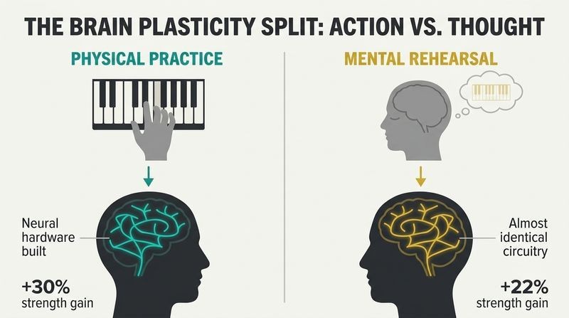 Split panel diagram comparing physical practice and mental rehearsal, showing they build nearly identical neural circuits and muscle-strength gains.