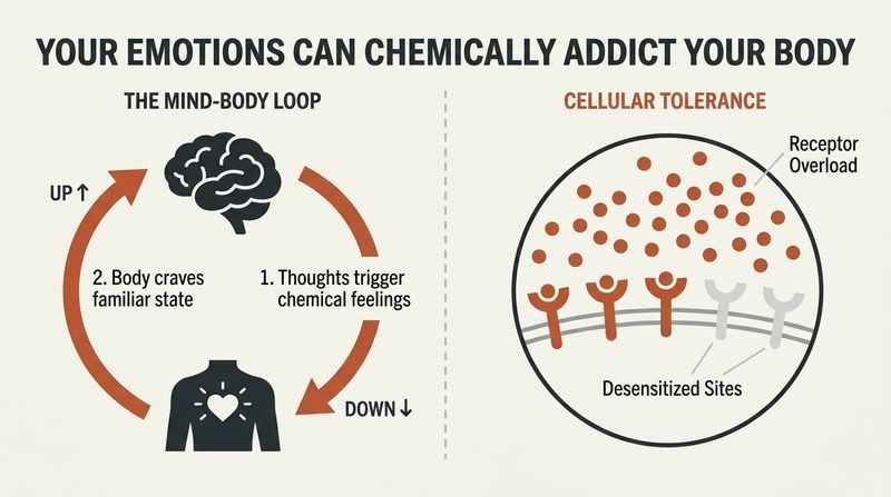 Split diagram showing the self-reinforcing thought-feeling loop on the left, and a cellular zoom-in on the right depicting cell receptors desensitizing to chronic emotional chemicals.