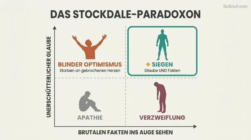 Matrix plotting unwavering faith against facing brutal facts, highlighting the top-right quadrant where both coexist as the zone where people and companies prevail.