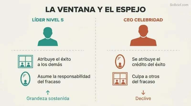 Split panel using window and mirror icons to contrast how Level 5 leaders and celebrity CEOs inversely handle success and failure attribution.