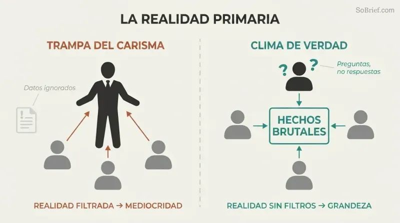 Split panel contrasting a leader-centered organization where people filter truth toward the boss versus a truth-centered climate where everyone faces the brutal facts equally.