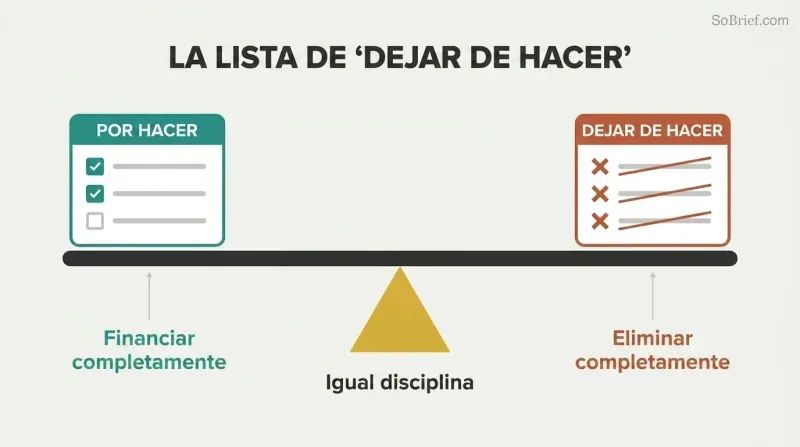 Balance scale with a TO DO checklist on one side and an equally-sized STOP DOING list on the other, beam perfectly level, showing both require equal discipline.