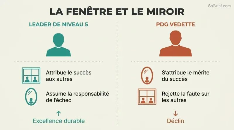 Split panel using window and mirror icons to contrast how Level 5 leaders and celebrity CEOs inversely handle success and failure attribution.