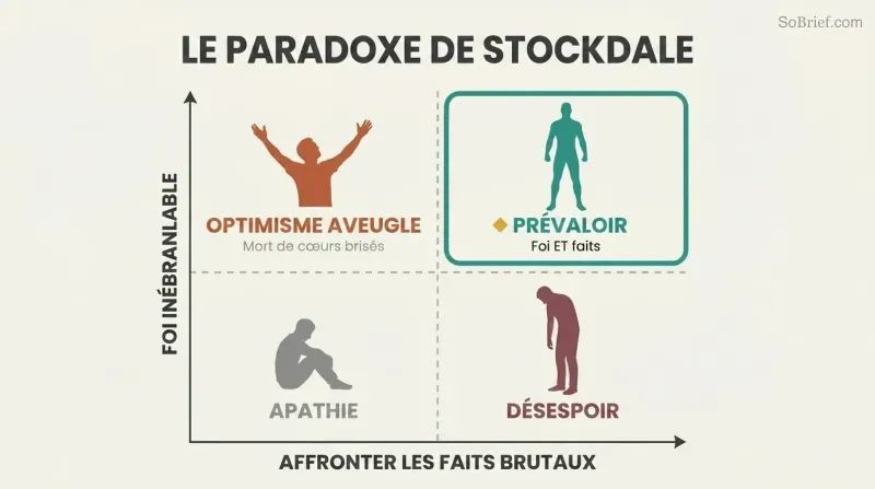 Matrix plotting unwavering faith against facing brutal facts, highlighting the top-right quadrant where both coexist as the zone where people and companies prevail.