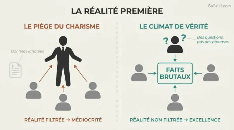 Split panel contrasting a leader-centered organization where people filter truth toward the boss versus a truth-centered climate where everyone faces the brutal facts equally.