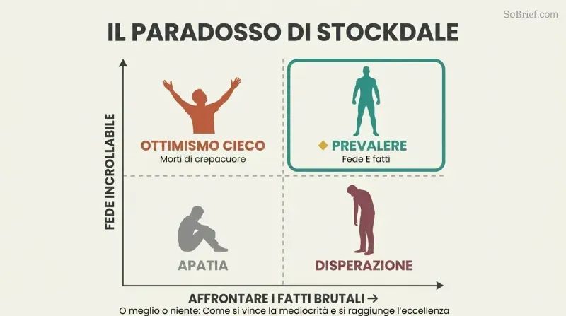 Matrix plotting unwavering faith against facing brutal facts, highlighting the top-right quadrant where both coexist as the zone where people and companies prevail.