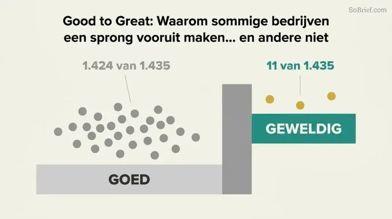 Wide gray plateau crowded with dots beside a narrow elevated teal shelf holding only three gold dots, showing why most companies stay good rather than becoming great.