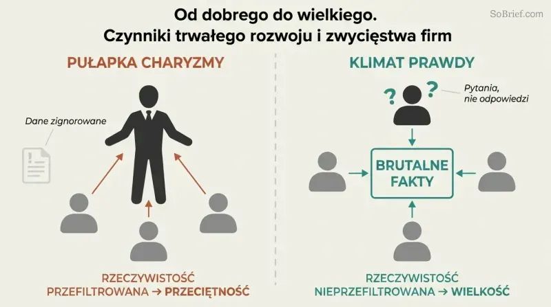 Split panel contrasting a leader-centered organization where people filter truth toward the boss versus a truth-centered climate where everyone faces the brutal facts equally.