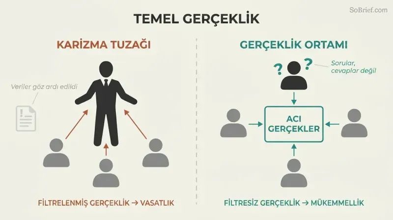 Split panel contrasting a leader-centered organization where people filter truth toward the boss versus a truth-centered climate where everyone faces the brutal facts equally.
