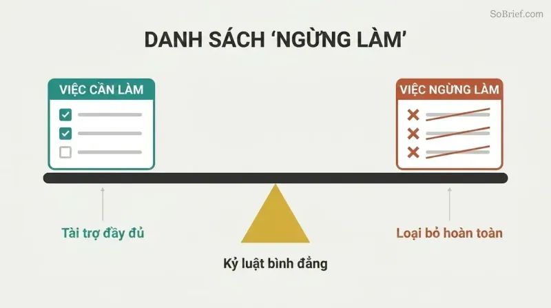 Balance scale with a TO DO checklist on one side and an equally-sized STOP DOING list on the other, beam perfectly level, showing both require equal discipline.