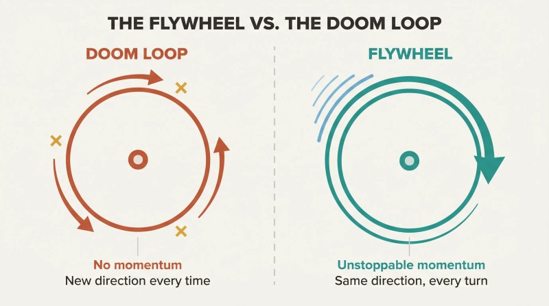 Split panel contrasting a stalled wheel pushed in conflicting directions against a flywheel building unstoppable momentum through consistent clockwise turns.
