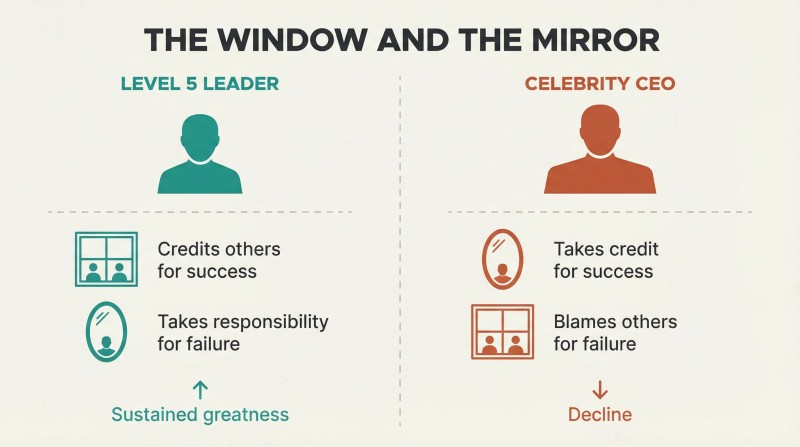 Split panel using window and mirror icons to contrast how Level 5 leaders and celebrity CEOs inversely handle success and failure attribution.