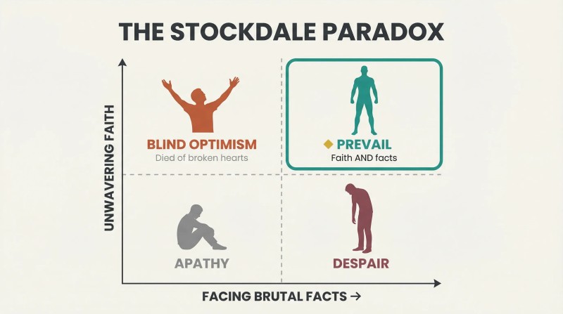 Matrix plotting unwavering faith against facing brutal facts, highlighting the top-right quadrant where both coexist as the zone where people and companies prevail.