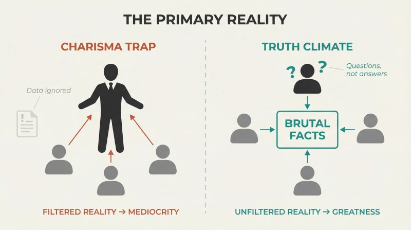 Split panel contrasting a leader-centered organization where people filter truth toward the boss versus a truth-centered climate where everyone faces the brutal facts equally.