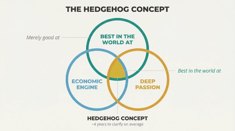 Three-circle Venn diagram showing the intersection of world-class ability, economic engine, and deep passion as the strategic sweet spot.