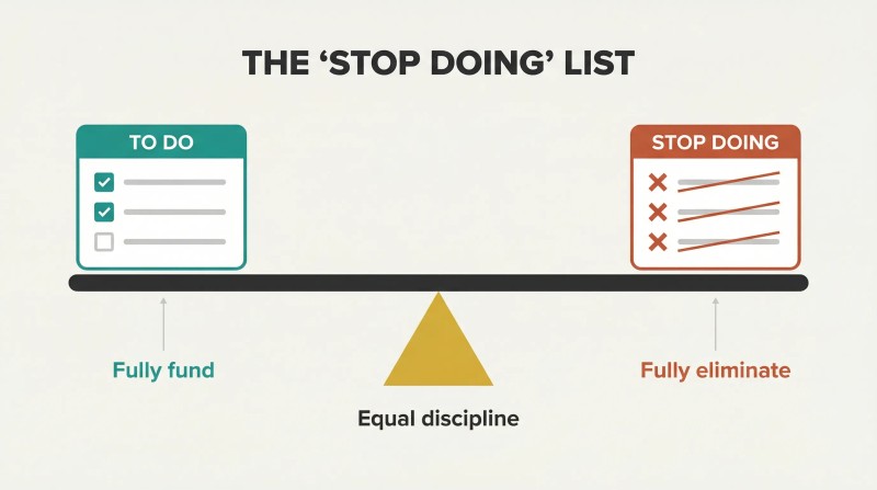Balance scale with a TO DO checklist on one side and an equally-sized STOP DOING list on the other, beam perfectly level, showing both require equal discipline.