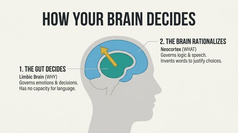 Cross-section diagram of a human brain showing how the inner limbic system makes gut decisions first, which the outer neocortex then rationalizes with language.