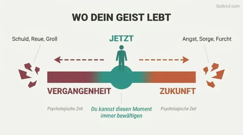 Horizontal spectrum from past to future with a calm center labeled NOW, showing guilt pulling leftward and anxiety pulling rightward as distance from the present grows.
