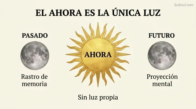 Central radiant sun labeled Now flanked by two half-lit moon shapes labeled Past and Future, showing that both borrow their reality from the present moment.