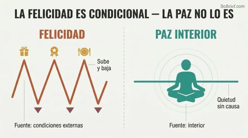 Split panel comparing a volatile zigzag line tied to external objects on the left with a calm steady line radiating from a centered figure on the right.