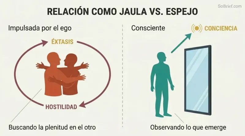 Split panel comparing an ego-driven relationship trapped in an ecstasy-hostility loop on the left with a conscious relationship using a mirror for upward growth on the right.