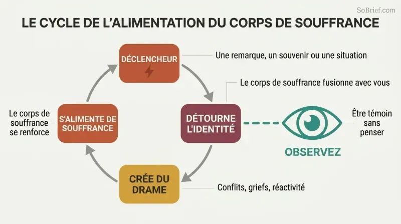 Circular cycle showing emotional pain triggering identity hijack and creating more suffering that feeds back, with conscious observation breaking the loop.