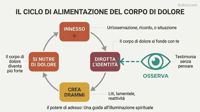 Circular cycle showing emotional pain triggering identity hijack and creating more suffering that feeds back, with conscious observation breaking the loop.
