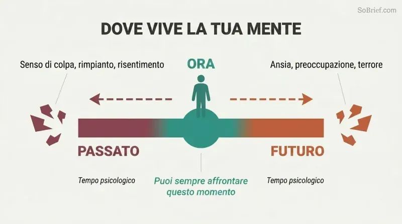 Horizontal spectrum from past to future with a calm center labeled NOW, showing guilt pulling leftward and anxiety pulling rightward as distance from the present grows.