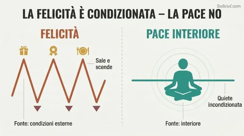 Split panel comparing a volatile zigzag line tied to external objects on the left with a calm steady line radiating from a centered figure on the right.