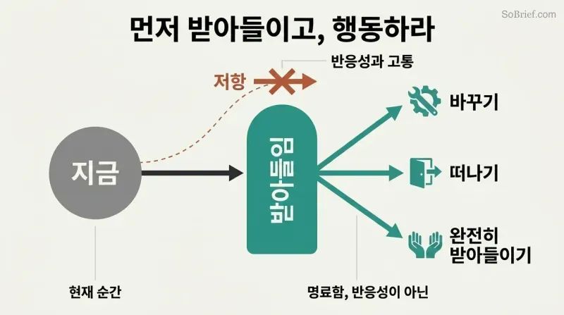 Flow diagram showing a present situation passing through a surrender gateway that opens into three branching options: change it, leave it, or accept it fully, with a blocked resistance path shown above.