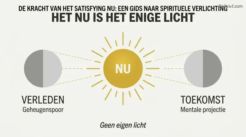 Central radiant sun labeled Now flanked by two half-lit moon shapes labeled Past and Future, showing that both borrow their reality from the present moment.
