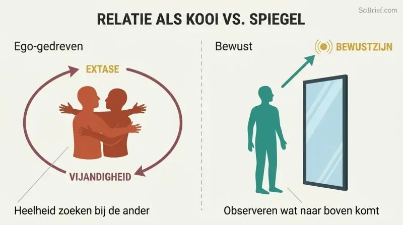 Split panel comparing an ego-driven relationship trapped in an ecstasy-hostility loop on the left with a conscious relationship using a mirror for upward growth on the right.