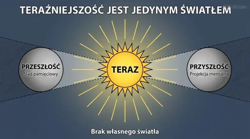 Central radiant sun labeled Now flanked by two half-lit moon shapes labeled Past and Future, showing that both borrow their reality from the present moment.