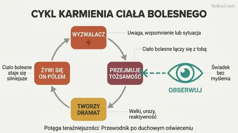 Circular cycle showing emotional pain triggering identity hijack and creating more suffering that feeds back, with conscious observation breaking the loop.