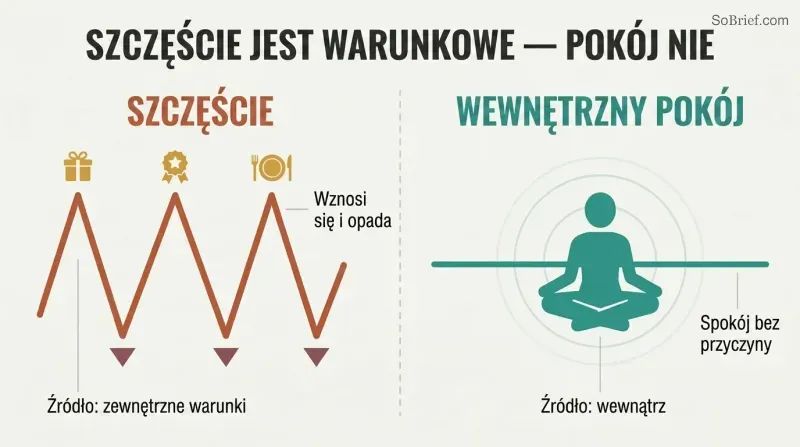 Split panel comparing a volatile zigzag line tied to external objects on the left with a calm steady line radiating from a centered figure on the right.