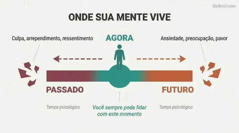 Horizontal spectrum from past to future with a calm center labeled NOW, showing guilt pulling leftward and anxiety pulling rightward as distance from the present grows.