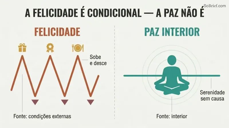 Split panel comparing a volatile zigzag line tied to external objects on the left with a calm steady line radiating from a centered figure on the right.