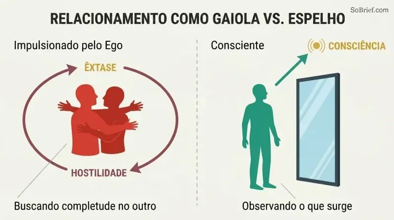 Split panel comparing an ego-driven relationship trapped in an ecstasy-hostility loop on the left with a conscious relationship using a mirror for upward growth on the right.