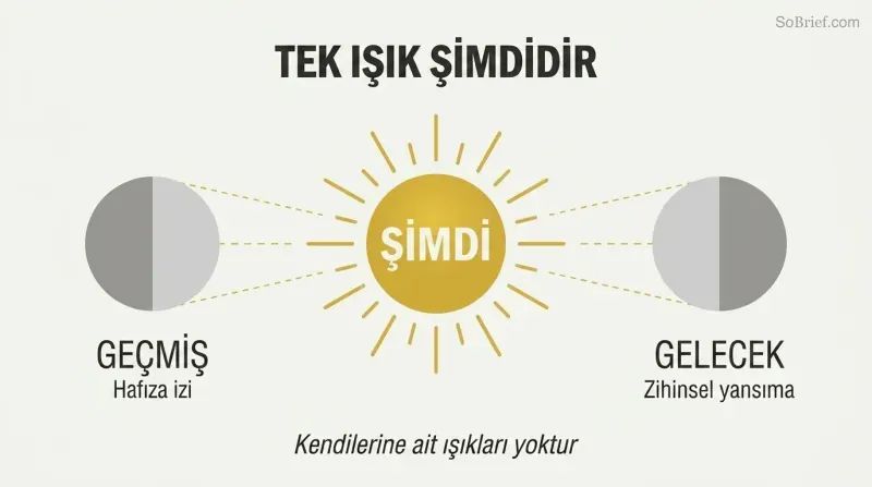 Central radiant sun labeled Now flanked by two half-lit moon shapes labeled Past and Future, showing that both borrow their reality from the present moment.