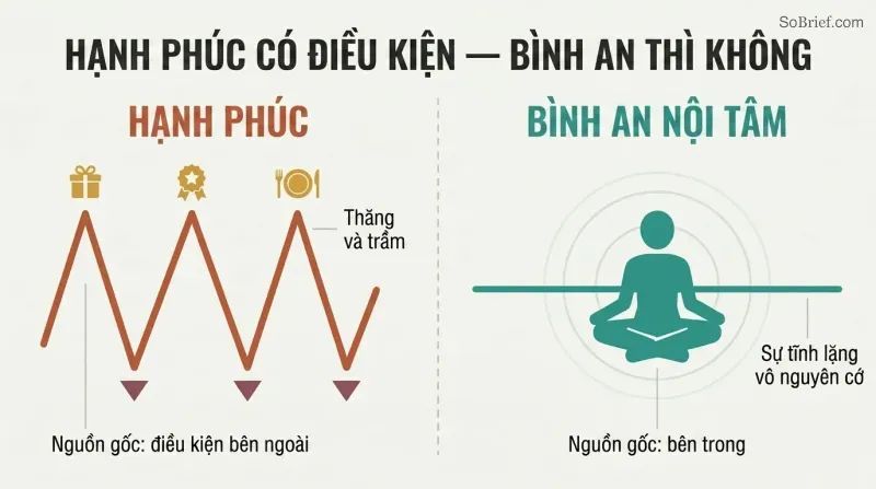 Split panel comparing a volatile zigzag line tied to external objects on the left with a calm steady line radiating from a centered figure on the right.