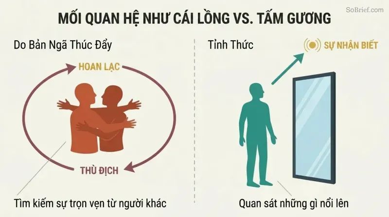Split panel comparing an ego-driven relationship trapped in an ecstasy-hostility loop on the left with a conscious relationship using a mirror for upward growth on the right.
