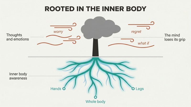 A tree standing firm in a storm, with deep glowing roots below ground representing inner body awareness that anchors against turbulent thoughts above.