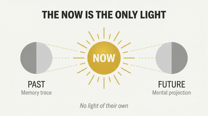 Central radiant sun labeled Now flanked by two half-lit moon shapes labeled Past and Future, showing that both borrow their reality from the present moment.