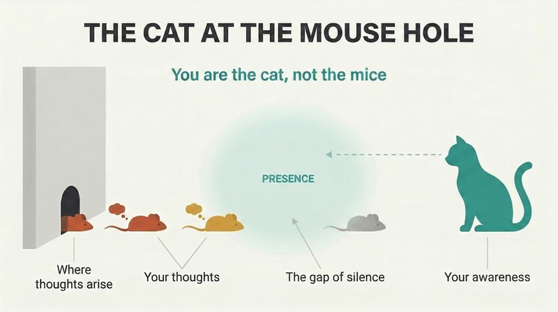 A cat silhouette watches a mouse hole alertly as thought-mice emerge, with a glowing gap of silence between them representing presence.
