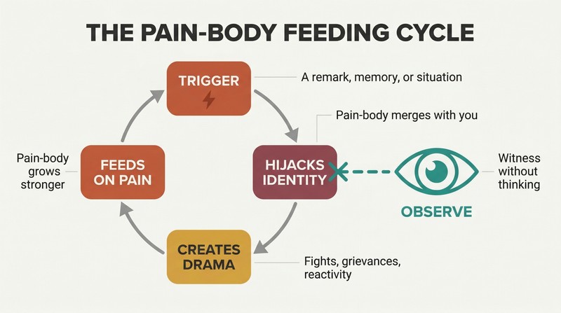 Circular cycle showing emotional pain triggering identity hijack and creating more suffering that feeds back, with conscious observation breaking the loop.