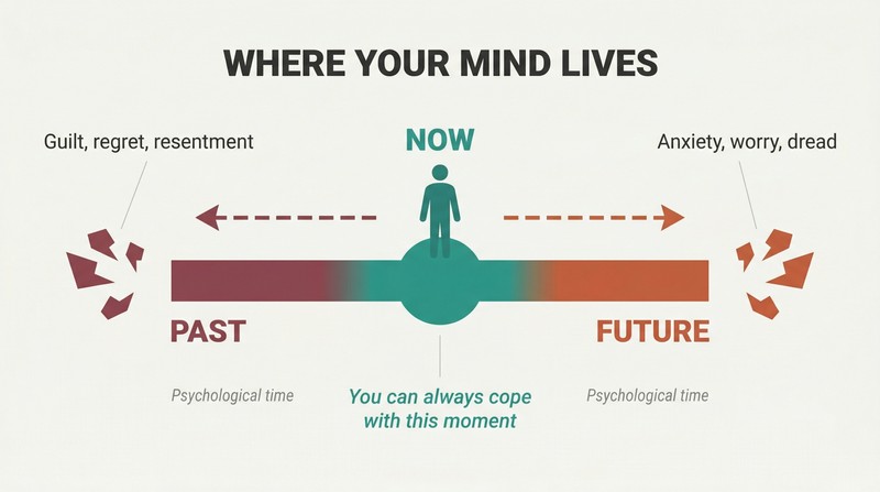 Horizontal spectrum from past to future with a calm center labeled NOW, showing guilt pulling leftward and anxiety pulling rightward as distance from the present grows.